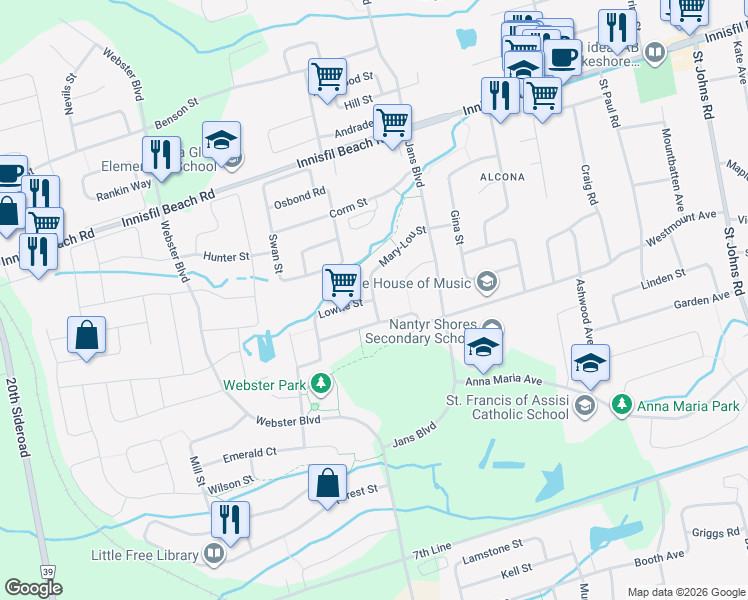 map of restaurants, bars, coffee shops, grocery stores, and more near 1254 Mary-Lou Street in Innisfil