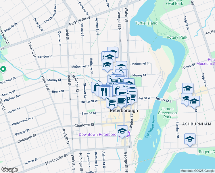 map of restaurants, bars, coffee shops, grocery stores, and more near 212 Brock Street in Peterborough