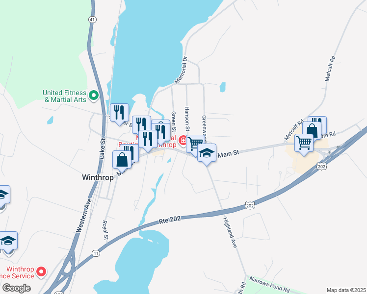 map of restaurants, bars, coffee shops, grocery stores, and more near 63 Main Street in Winthrop
