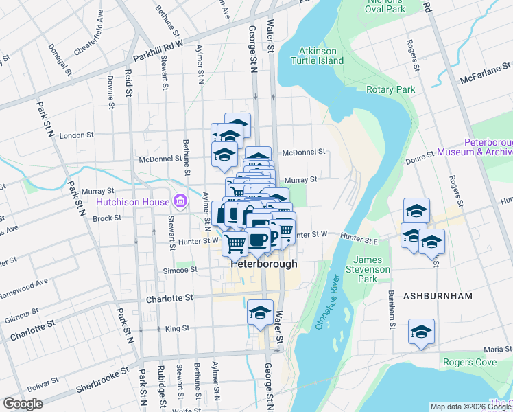 map of restaurants, bars, coffee shops, grocery stores, and more near in Peterborough