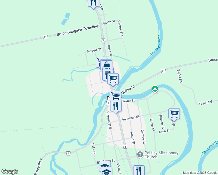 map of restaurants, bars, coffee shops, grocery stores, and more near 277 Queen Street North in Paisley