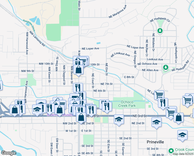 map of restaurants, bars, coffee shops, grocery stores, and more near 305 Northeast 7th Street in Prineville
