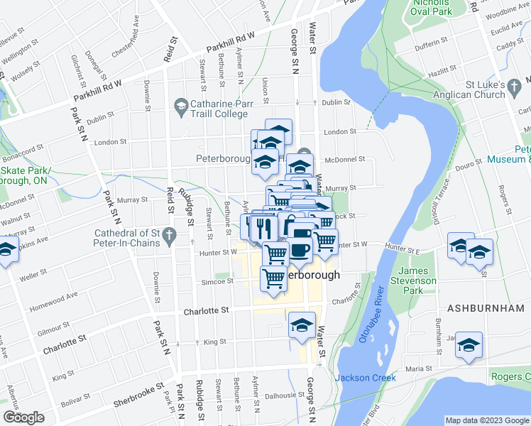 map of restaurants, bars, coffee shops, grocery stores, and more near in Peterborough