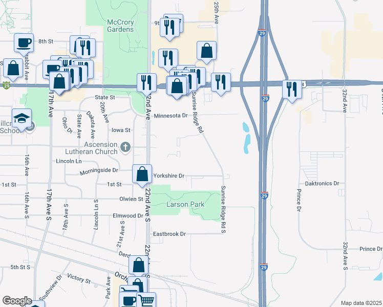 map of restaurants, bars, coffee shops, grocery stores, and more near 2311 Yorkshire Drive in Brookings