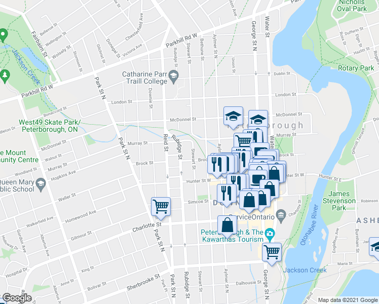 map of restaurants, bars, coffee shops, grocery stores, and more near 455 Stewart Street in Peterborough