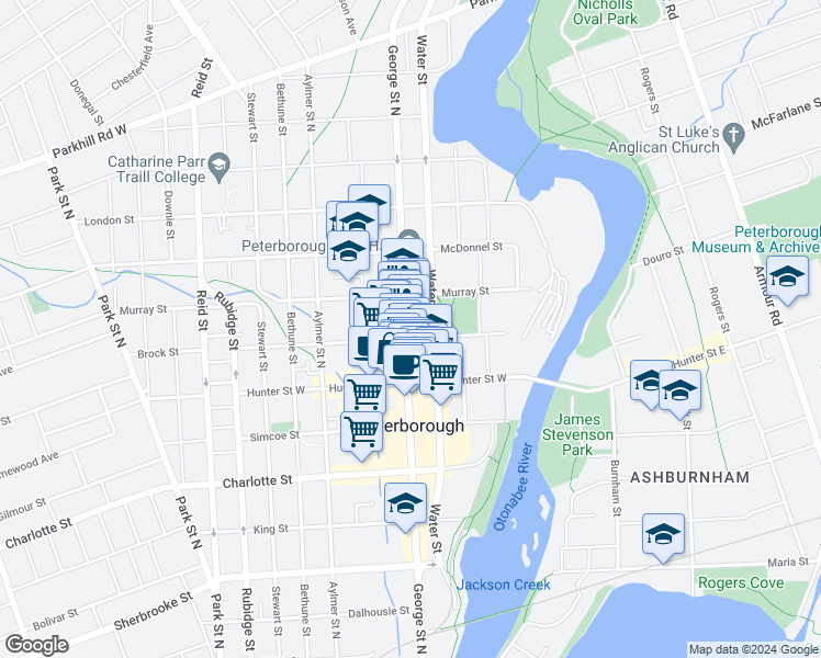 map of restaurants, bars, coffee shops, grocery stores, and more near 448 George Street North in Peterborough