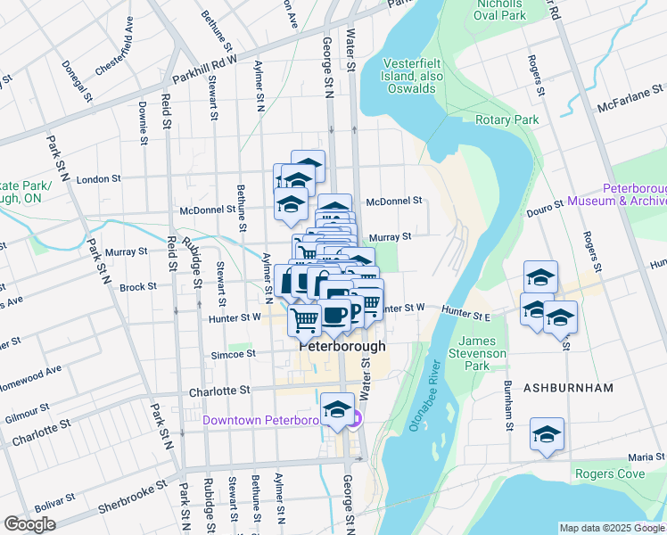 map of restaurants, bars, coffee shops, grocery stores, and more near in Peterborough