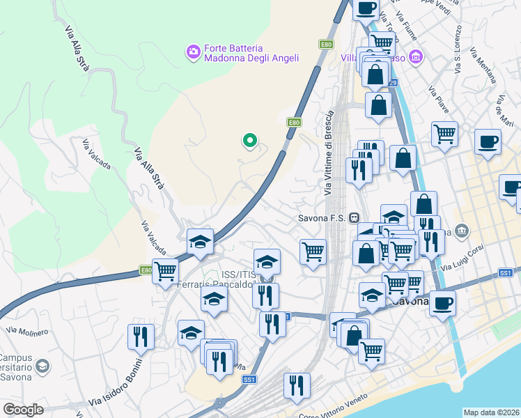 map of restaurants, bars, coffee shops, grocery stores, and more near Via Giovanni Tissoni in Savona