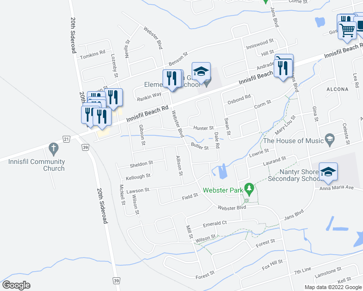 map of restaurants, bars, coffee shops, grocery stores, and more near 1331 Butler Street in Innisfil