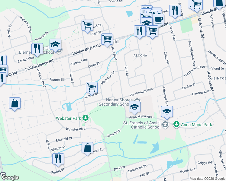 map of restaurants, bars, coffee shops, grocery stores, and more near 1194 Mitchell Court in Innisfil