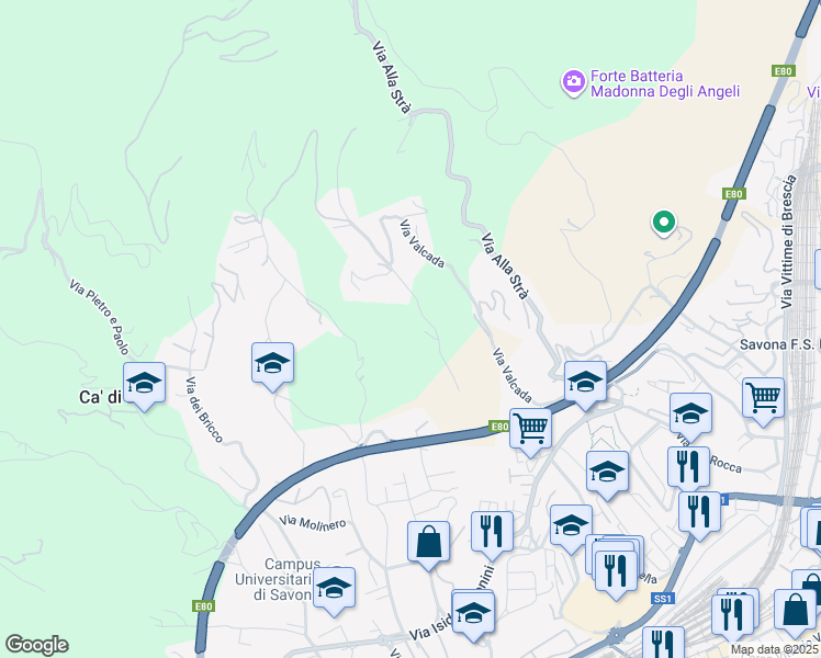 map of restaurants, bars, coffee shops, grocery stores, and more near 21 Via Valcada in Provincia di Savona