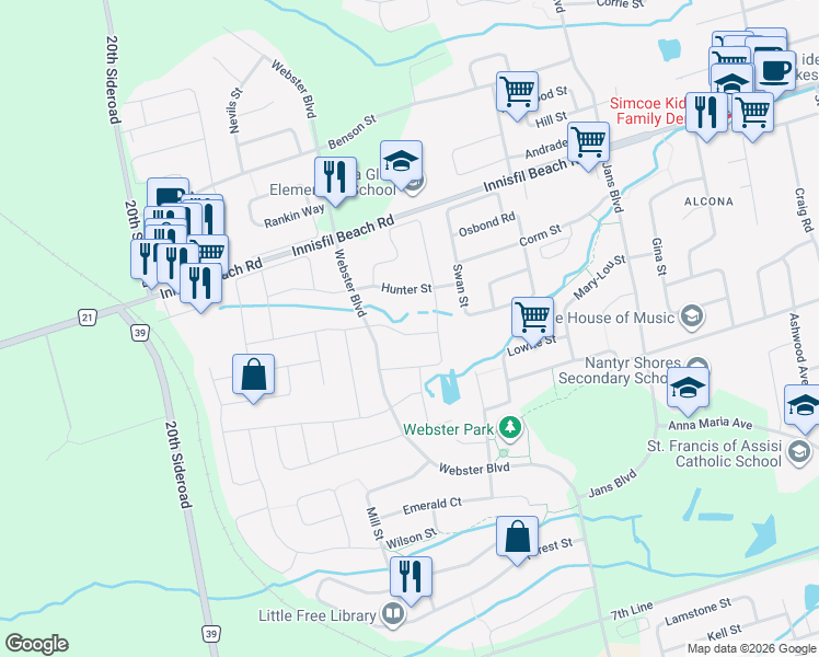 map of restaurants, bars, coffee shops, grocery stores, and more near 1307 Butler Street in Innisfil