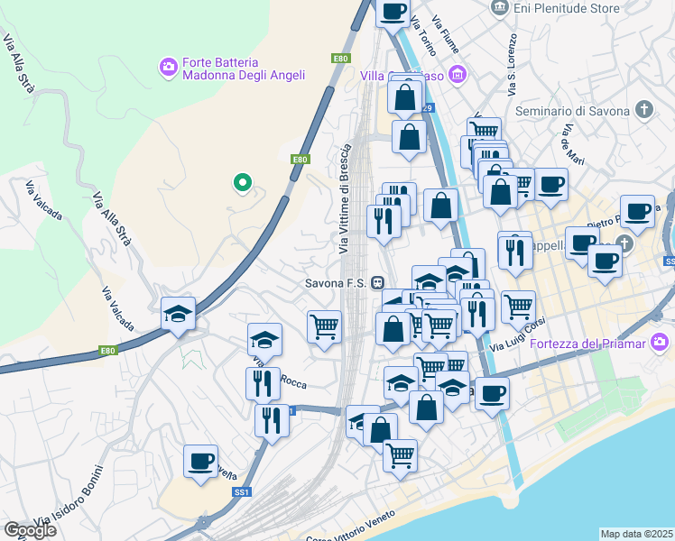 map of restaurants, bars, coffee shops, grocery stores, and more near 20 Via Vittime di Brescia in Savona
