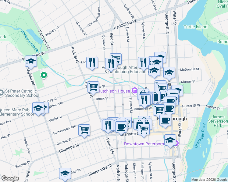 map of restaurants, bars, coffee shops, grocery stores, and more near Reid Street in Peterborough
