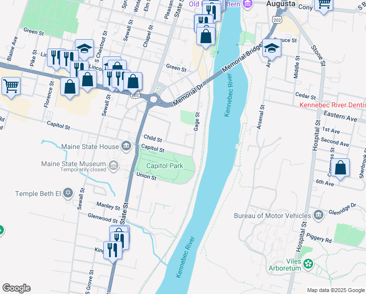 map of restaurants, bars, coffee shops, grocery stores, and more near 4 Center Street in Augusta
