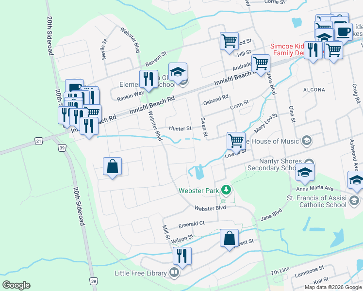 map of restaurants, bars, coffee shops, grocery stores, and more near 1312 Butler Street in Innisfil