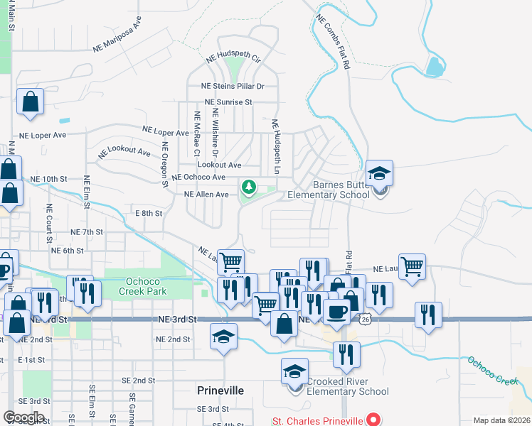 map of restaurants, bars, coffee shops, grocery stores, and more near 1251 Northeast Boxcar Drive in Prineville