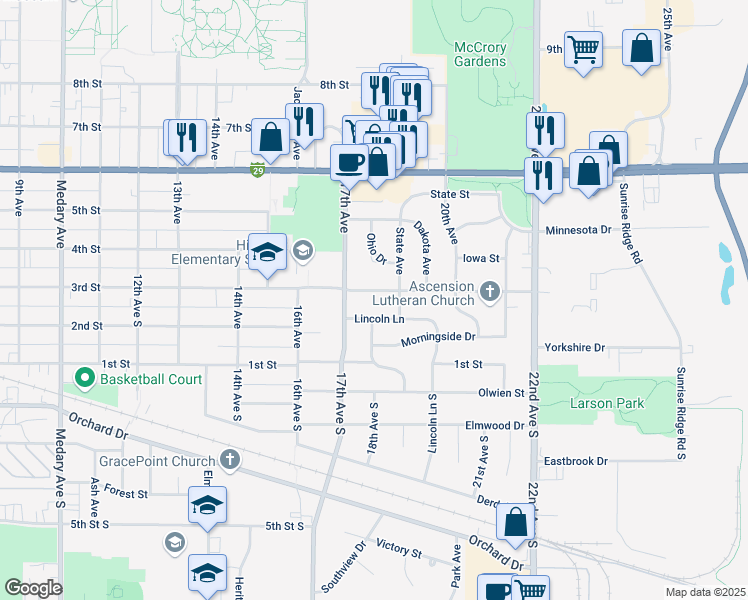 map of restaurants, bars, coffee shops, grocery stores, and more near 1701-1799 Lincoln Lane in Brookings