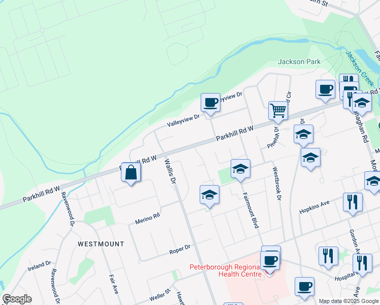 map of restaurants, bars, coffee shops, grocery stores, and more near 911 Parkhill Road West in Peterborough