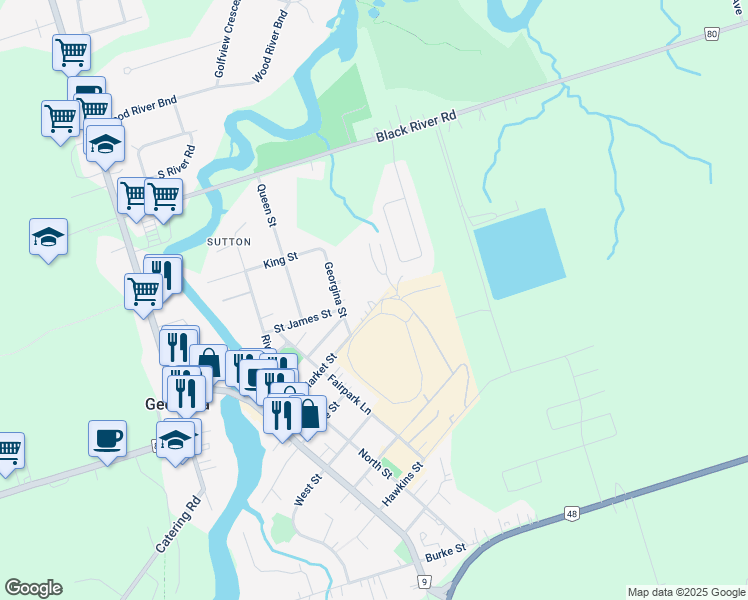 map of restaurants, bars, coffee shops, grocery stores, and more near 84 Market Street in Georgina