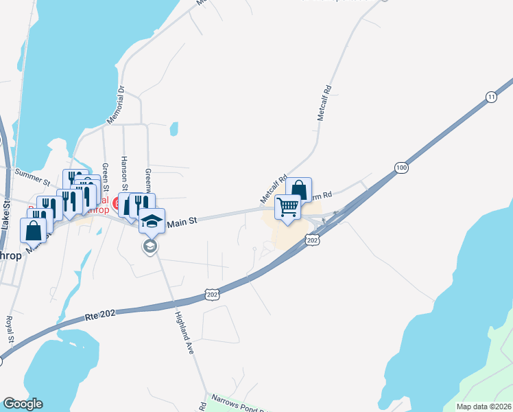 map of restaurants, bars, coffee shops, grocery stores, and more near 345 Main Street in Winthrop