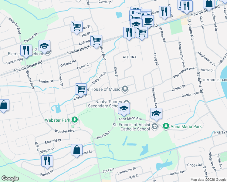 map of restaurants, bars, coffee shops, grocery stores, and more near 1965 Jans Boulevard in Innisfil