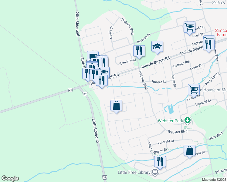 map of restaurants, bars, coffee shops, grocery stores, and more near Galloway Street in Innisfil