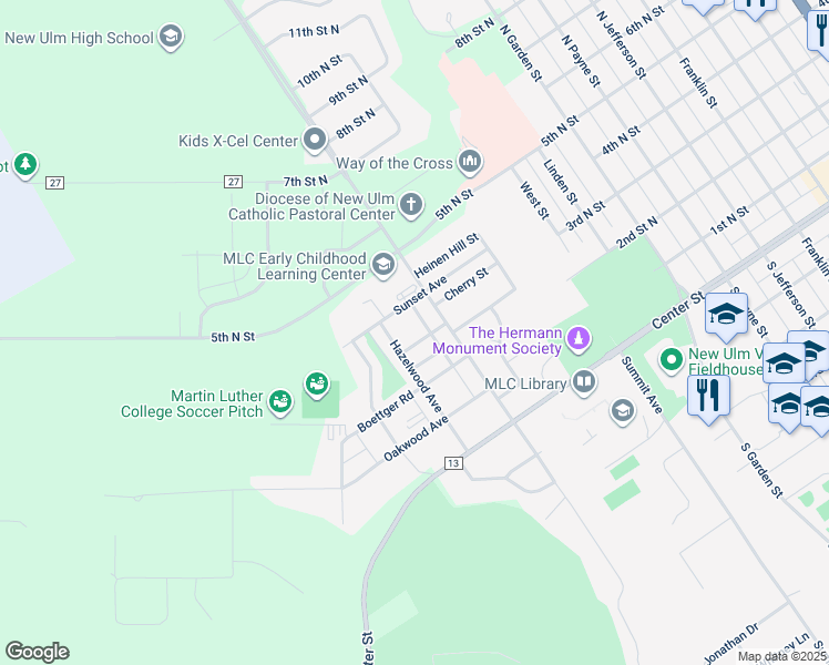map of restaurants, bars, coffee shops, grocery stores, and more near 1525 Elmwood Street in New Ulm