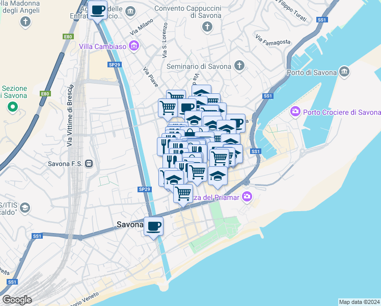 map of restaurants, bars, coffee shops, grocery stores, and more near 22 Via Cristoforo Astengo in Savona