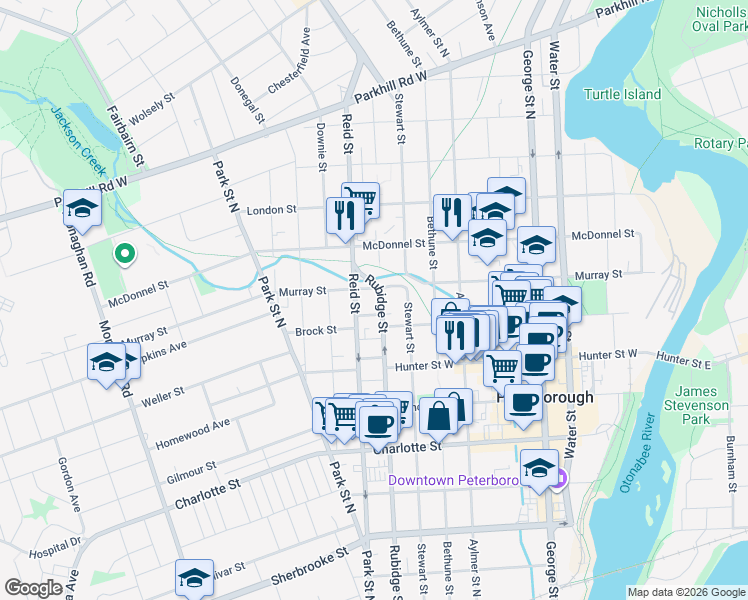map of restaurants, bars, coffee shops, grocery stores, and more near in Peterborough