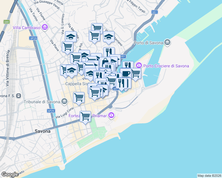 map of restaurants, bars, coffee shops, grocery stores, and more near 100 Via Pia in Savona