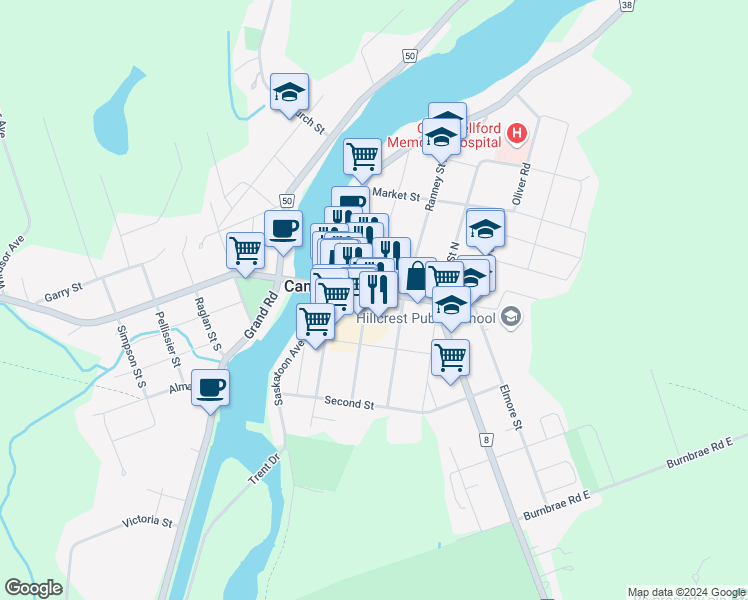 map of restaurants, bars, coffee shops, grocery stores, and more near 75 Bridge Street East in Campbellford