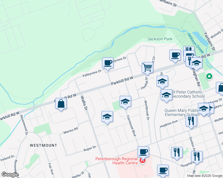 map of restaurants, bars, coffee shops, grocery stores, and more near 865 Parkhill Road West in Peterborough
