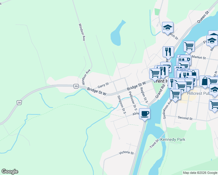 map of restaurants, bars, coffee shops, grocery stores, and more near 172 Garry Street in Campbellford