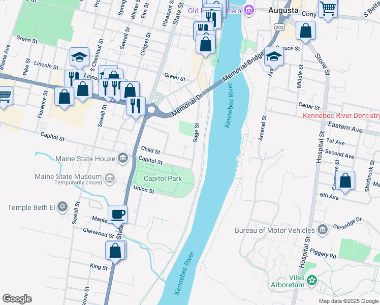 map of restaurants, bars, coffee shops, grocery stores, and more near 77 Gage Street in Augusta