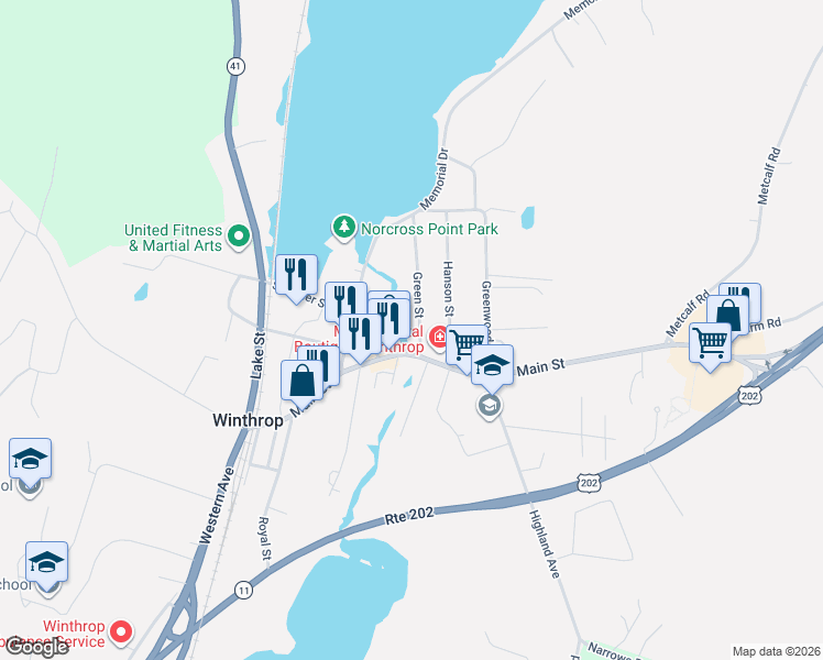map of restaurants, bars, coffee shops, grocery stores, and more near 43 Green Street in Winthrop