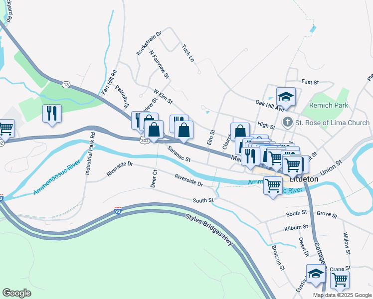 map of restaurants, bars, coffee shops, grocery stores, and more near 298 Main Street in Littleton