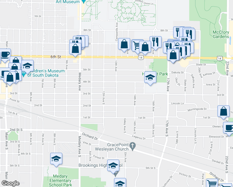 map of restaurants, bars, coffee shops, grocery stores, and more near 301 13th Avenue in Brookings