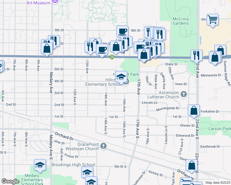 map of restaurants, bars, coffee shops, grocery stores, and more near 304 15th Avenue in Brookings