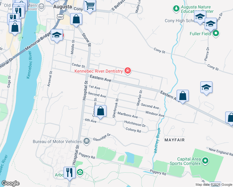map of restaurants, bars, coffee shops, grocery stores, and more near 112 Eastern Avenue in Augusta