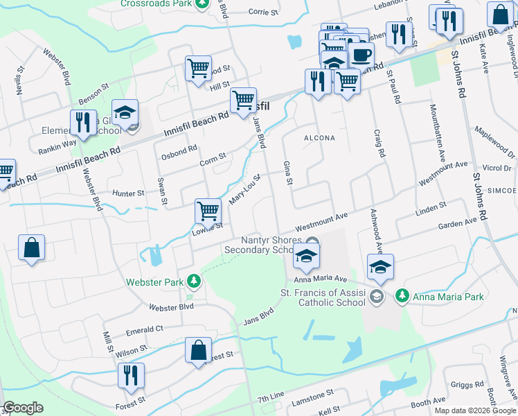 map of restaurants, bars, coffee shops, grocery stores, and more near 1178 Mitchell Court in Innisfil