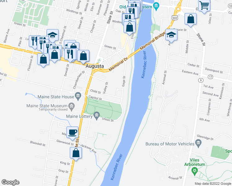 map of restaurants, bars, coffee shops, grocery stores, and more near 25 Center Street in Augusta