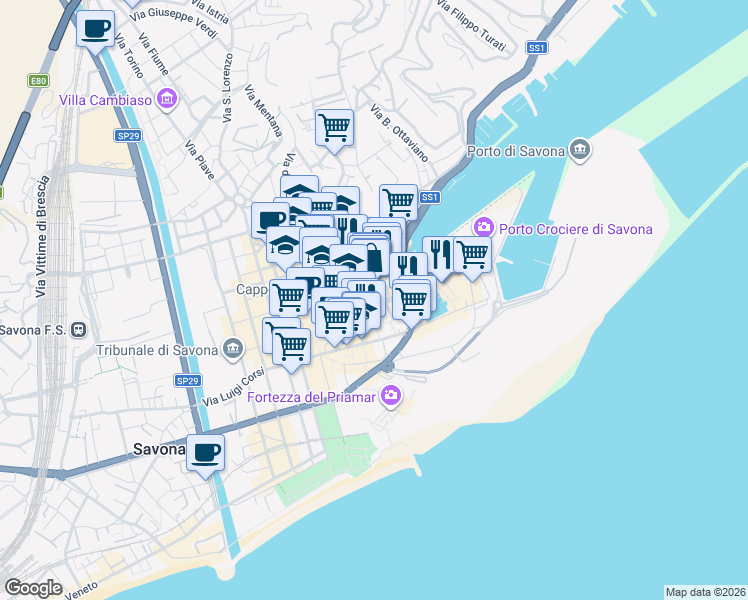 map of restaurants, bars, coffee shops, grocery stores, and more near 100 Via Pia in Savona