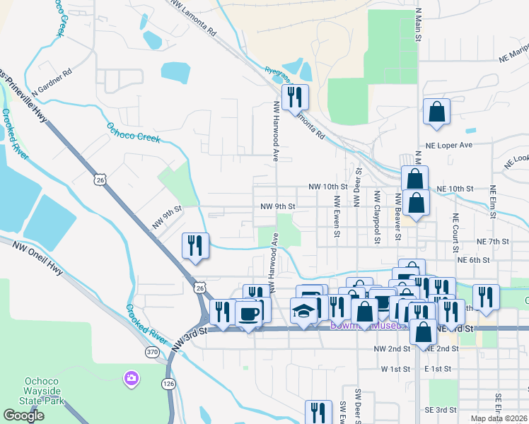 map of restaurants, bars, coffee shops, grocery stores, and more near 855 Northwest 9th Street in Prineville