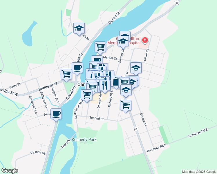 map of restaurants, bars, coffee shops, grocery stores, and more near Bridge Street East in Campbellford