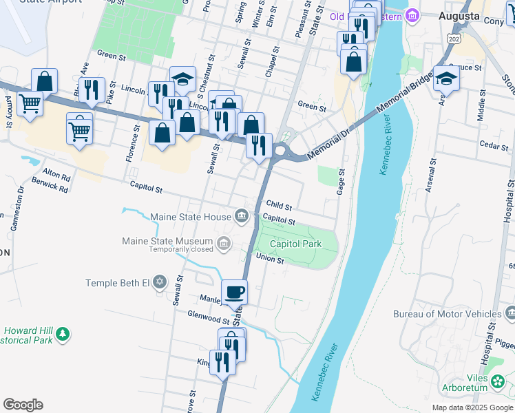 map of restaurants, bars, coffee shops, grocery stores, and more near State Street in Augusta