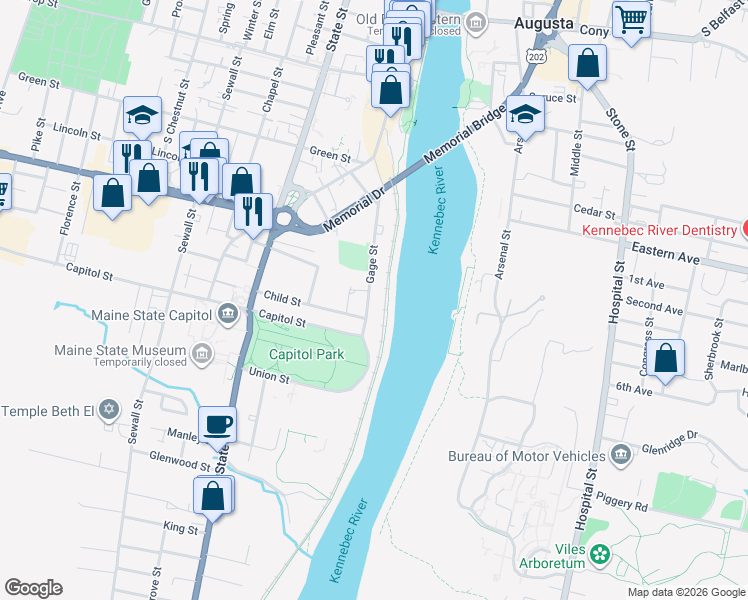 map of restaurants, bars, coffee shops, grocery stores, and more near 77 Gage Street in Augusta