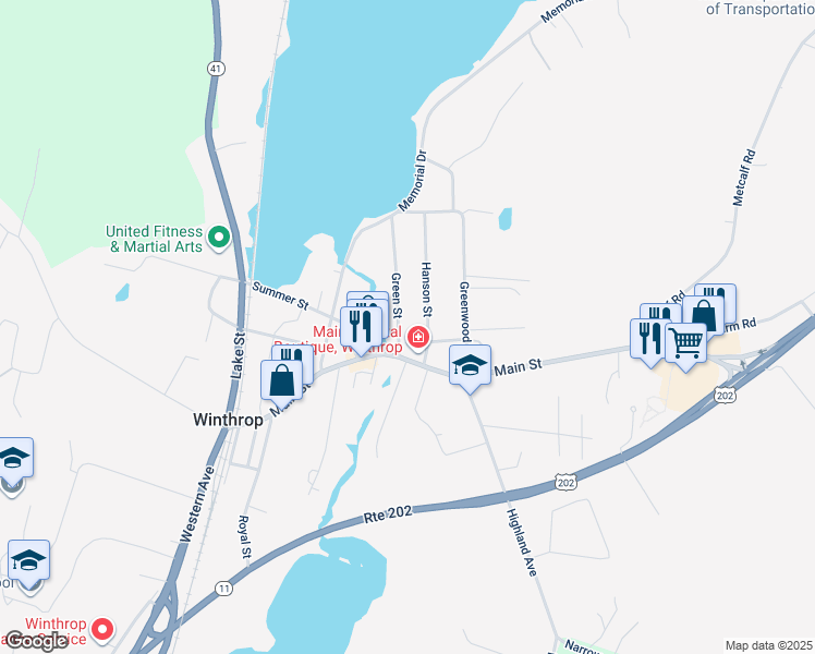 map of restaurants, bars, coffee shops, grocery stores, and more near 43 Green Street in Winthrop