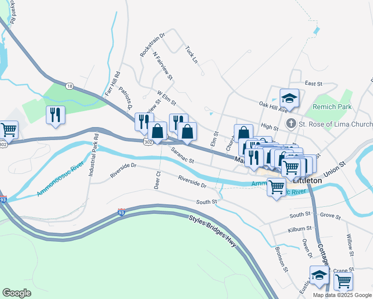 map of restaurants, bars, coffee shops, grocery stores, and more near 298 Main Street in Littleton