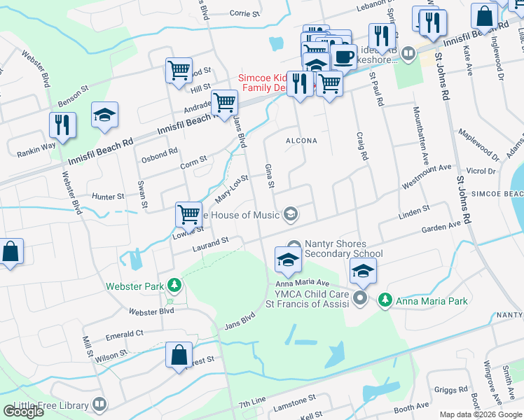 map of restaurants, bars, coffee shops, grocery stores, and more near 1977 Jans Boulevard in Innisfil